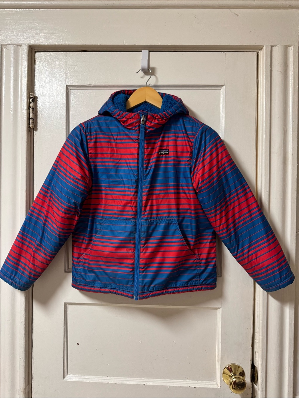 Patagonia Kids Reversible Winter Hooded Jacket - Blue & Red Stripes